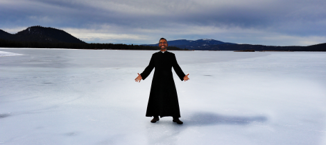 Standing on a frozen lake. 