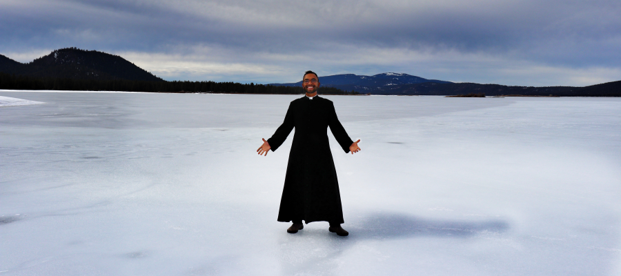 Standing on a frozen lake. 